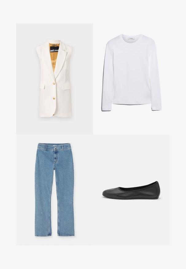 Balta bezpiedurkņu žakete, kas izgatavota no gludas auduma, ar zelta pogām, divām priekšējām kabatām un kontrastējošu zelta iekšējo oderi.; Bieza piedurkņu balta T-krekls, izgatavots no ribota kokvilnas, ar apaļu kakla izgriezumu un taisnu apakšmalu. Vienkāršs dizains bez rakstiem vai akcentiem.; Gaiši zili taisni džinsi ar pogu un rāvējslēdzēju, jostas cilpām un standarta šuvēm uz balta fona.; Melna ādas baleta kurpe ar noapaļotu purngalu, gludu tekstūru, minimālu šuvju detalizāciju un elastīgu zoles dizainu.