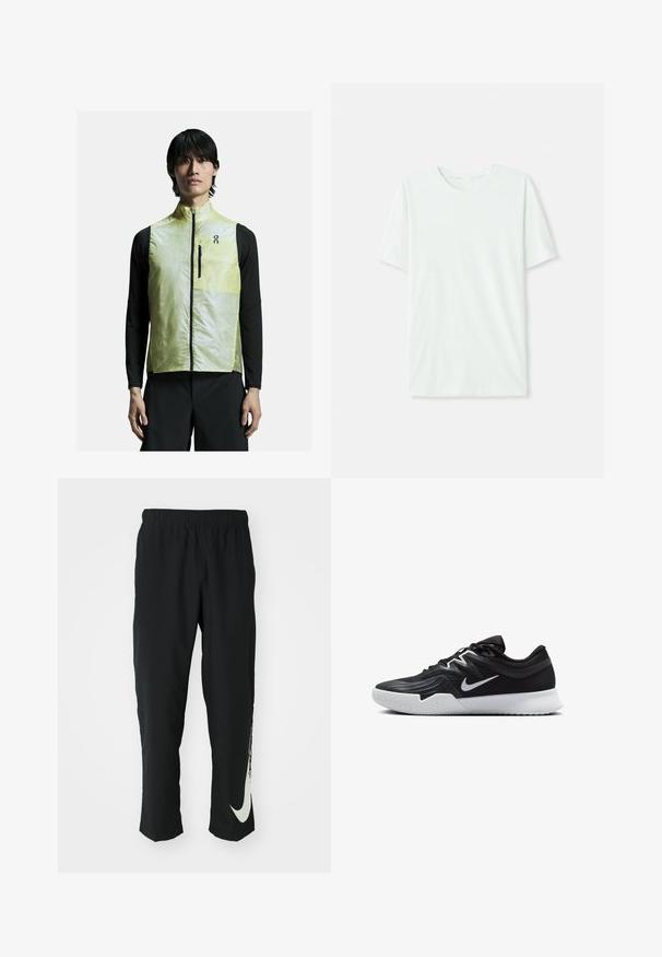 Liukas geltonas liemenė su aukštu apykakle, užtrauktuku ir juodais akcentais. Dėvima ant juodo ilgomis rankovėmis marškinėlių. Elegantiškas ir sraigtas dizainas.; Vihreä mintun värinen lyhythihainen t-paita, joka on valmistettu pehmeästä kankaasta. Siinä on pyöreä kaula-aukko ja yksinkertainen, suora leikkaus ilman koristeita.; Mustat urheiluhousut, joissa on joustava vyötärö, kapeneva muotoilu ja suuri valkoinen Nike-logo vasemmassa lahkeessa. Pehmeä, kevyt kangas.; Musta urheilukenkä, jossa on teksturoitu päällinen, valkoinen Nike-tikkaus ja valkoinen kumipohja. Kenkässä on nauhakuji ja dynaaminen muoto.