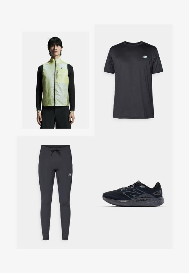 Viegls dzeltenais veste ar augstu apkakli, ar rāvējslēdzēju priekšā un melniem akcentiem. Valkāta virs melnas garās piedurknes krekliņa. Gluds, aerodinamisks dizains.; New Balance Sporta krekli - black; Melnas sportiskas legingas, kas izgatavotas no elastīga auduma. Aprīkotas ar aukliņu jostu un mazu atstarotāju logotipu labajā priekšējā augšstilbā.; Vīriešu skriešanas apavi melnā sietā ar biezu pelēku zoli, apaļu tekstūru un atstarojošām akcentēm. Sānos ir redzams "New Balance" logos.