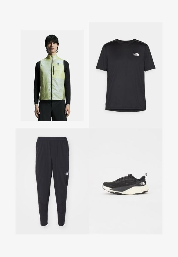 Lekka żółta kamizelka z wysokim kołnierzem, zapinana na zamek z przodu, z czarnymi akcentami. Noszona na czarnej koszuli z długim rękawem. Smukły, aerodynamiczny design.; Czarny t-shirt z krótkim rękawem, wykonany z lekkiego materiału. Posiada małe białe logo na lewej piersi oraz subtelne akcenty na ramionach.; Czarne spodnie sportowe z elastycznym pasem, zwężanymi nogawkami i bocznymi kieszeniami. Posiadają subtelne logo na udzie. Gładka tekstura.; Czarne buty sportowe z teksturowaną siateczką, solidnymi czarnymi akcentami i białą, lekką podeszwą. Posiadają zapięcie na sznurówki i uchwyt do zakładania.