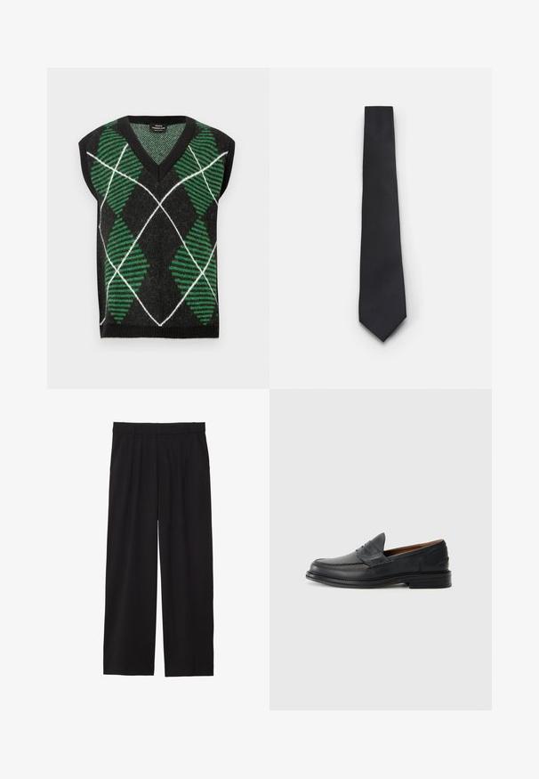 Suéter sin mangas negro con un patrón de diamantes verdes y blancos, rayas texturizadas, escote en V y bordes acanalados.; Cárdigan de lana gris con cuello en V, mangas largas, cinco botones y un logo blanco en el lado izquierdo. Textura suave, corte relajado.; Camisas blancas de manga larga en un paquete de dos, con cierre de botones en el frente, cuello y puños, fabricadas con una tela suave sin patrones.; Pantalones de pierna ancha negros con frente plisado, bolsillos laterales y una textura de tela suave. Diseñados para un ajuste relajado.; Mocasines de cuero negro con un diseño confeccionado, punta redondeada, tacón bajo apilado y estilo fácil de poner. Textura suave con un ligero brillo.; Corbata negra estrecha con un patrón texturizado de estrías diagonales. Presenta una punta puntiaguda y un acabado suave. Adecuada para vestimenta formal.