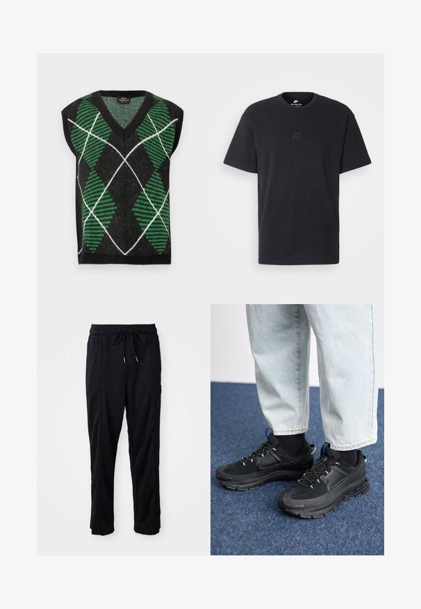 Zwarte mouwloze trui met een groen-wit diamantenpatroon met gestructureerde strepen, een V-hals en geribbelde randen.; Zwarte katoenen t-shirt van Nike met een klassieke ronde hals, korte mouwen en een subtiele, reliëflogo op de borst. Gladde textuur.; Zwarte casual broek met koord in de taille, met zijzakken en rechte pijpen op een effen achtergrond.; Zwarte sportschoenen met gestructureerde stof en rubberen zolen, met elastische veters en een blauwe accent op de hiel. Draag samen met lichte spijkerbroeken.