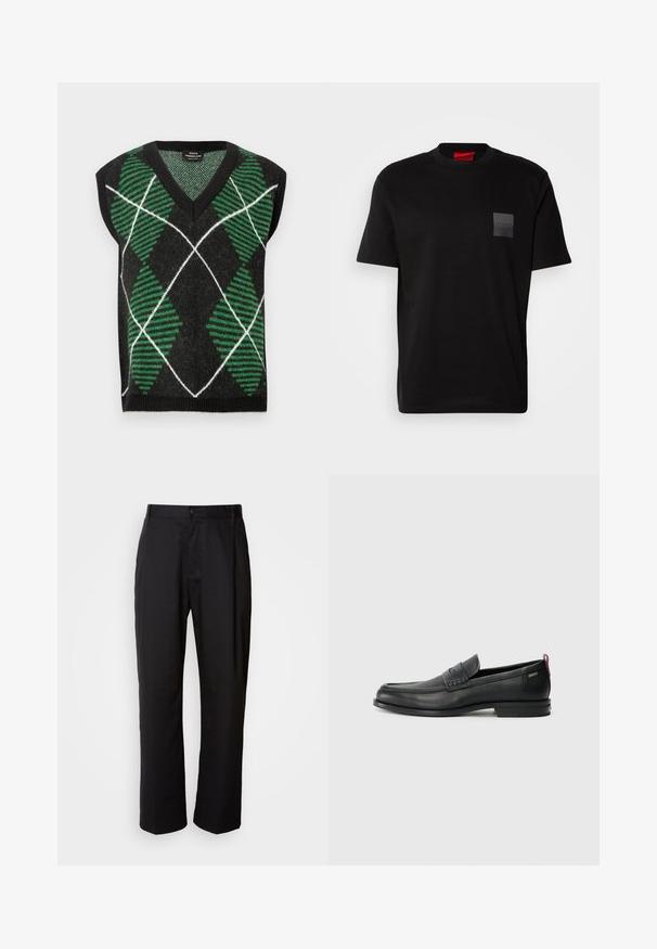 Camisola preta sem mangas com padrão de losangos verdes e brancos, riscas texturizadas, decote em V e bordas caneladas.; Camiseta de algodão preta com decote redondo, apresentando um patches texturizado preto com o logótipos no lado esquerdo do peito. Mangas curtas e corte descontraído.; Calças pretas de corte reto, feitas de tecido leve. Apresentam um fecho frontal com botão e dois bolsos laterais; textura suave.; Mocassins de couro pretos com um painel frontal texturizado e laterais lisas. Apresentam um salto fino e uma alça na parte de trás para fácil colocação. Design clássico.