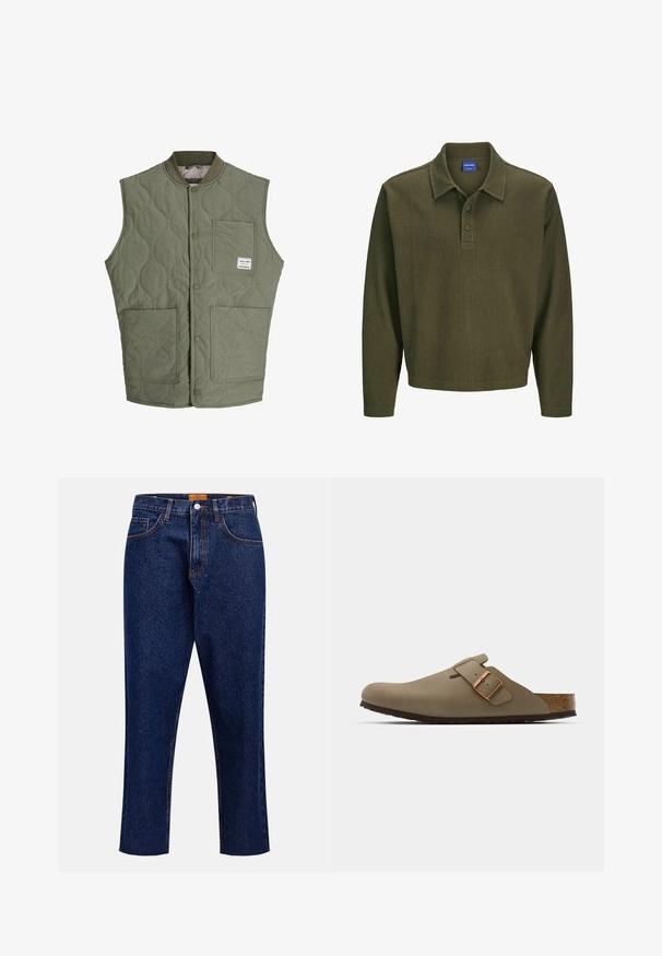 Olive green quilted sleeveless vest with front snap buttons, ribbed collar, three patch pockets, and a small label on the upper left pocket.; Olive green long-sleeve polo shirt made from textured fabric. Features a collar, three-button placket, and a relaxed fit.; Dark blue denim jeans with a straight cut, high waist, five pockets, and frayed hem. Contrast stitching and button closure detail.; Brown clogs with a smooth, matte finish. Features a prominent bronze buckle on the side. Cork footbed and rubber outsole for comfort.