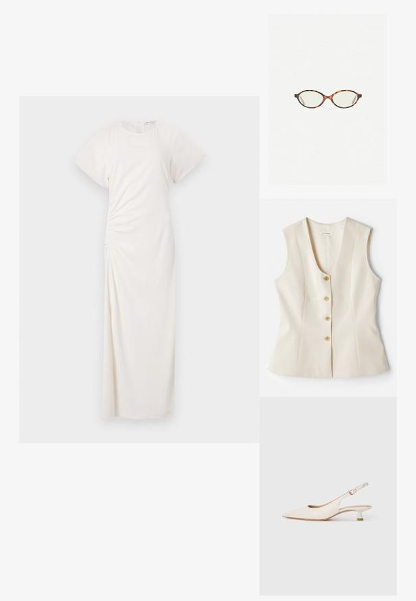 Hihaton, v-kaula-aukoilla varustettu beige toppi, jossa on viisi nappia edessä, muotoon ommeltu malli ja sileä pinta. Kevyt kangas. Ei kuoseja.; Kardigan v-yoksit kremovoy tsvetov, sdelannyy iz pukhlyy chuvstvennogo materiala, s pyat'yu knopkami spередi i ribishtoy obv'yazkoy na rukavakh i po nizu.; Valkoinen mekko, jossa on lyhyet hihat, pyöreä pääntie ja sivuilla röyhelöity yksityiskohta; sileä kangas ja lattiaan asti ulottuva siluetti.; Kreemi värvi teravatootjal rakendusjalats, millel on madal kassi konts ja kuldne pannal, asetatud lihtsal valgel taustal.; Kilpikonnakuosiset silmälasit, joissa on soikeat linssit ja tyylikäs, sileä pinta. Ominaisuudet: ohuet sivut, joissa on hienovarainen kaari temppeleissä. Kirkkaat linssit.
