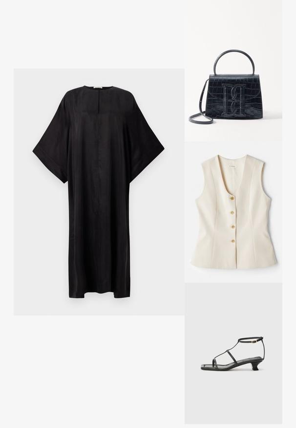 Kätistega, V-kaelusega beež topp viie nupuga ees, kohandatud lõige ja sujuv tekstuur. Kerge kangas. Ilma mustriteta.; Musternäit must maxi-kleit, millel on lahtine lõige, laiad varrukad, ümmargune kaelus ja väike ette lõhe. Valmistatud sileda, kergest kangast.; Must värviline nahk sandaal ruudukujulise varbaga, õhukeste rihmadega, kohandatava pahkluu rihmaga ja madala kandaga. Rihmal on väike kuldne aktsent.; Must musta krokodillimustriga nahast käekott, millel on struktureeritud disain, ülemine käepide, reguleeritav rihm ja silmapaistev esiküljel logo detail.