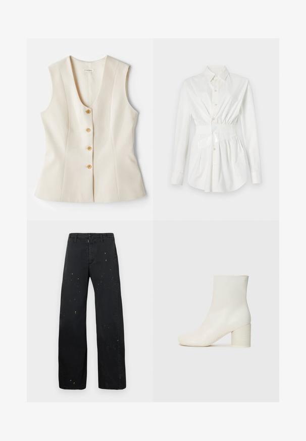 Ærmeløs, v-hals beige top med fem knapper langs fronten, skræddersyet pasform og glat tekstur. Letvægtsstof. Ingen mønstre.; Hvid skjorte med lange ærmer, en tætsiddende taljedetalje og en blank bælteaccent. Fremstillet af glat, letvægtsstof.; MM6 Maison Margiela PANTS - Jeans Relaxed Fit - black; Hvide læder ankelstøvler med afrundet tå og chunky cylindrisk hæl. Glat tekstur, minimalistisk design, ingen synligt hardware eller mønstre.