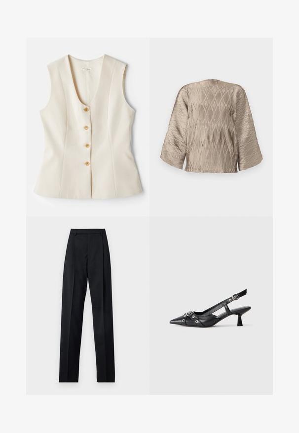 Top bege sem mangas, com decote em V, adornado com cinco botões na frente, ajustado e de textura suave. Tecido leve. Sem padrões.; Blusa plissada bege com uma silhueta boxy, mangas largas e padrão de nervuras texturizadas em todo o tecido. Tecido suave com brilho.; Calças pretas feitas de um tecido suave, com uma cintura alta, pernas largas, pregas frontais e passadores de cinto clássicos. Não há bolsos laterais visíveis.; Sapato slingback em couro preto com biqueira fina, tiras decorativas com ilhós de metal e um pequeno salto quadrado. Superfície texturizada.