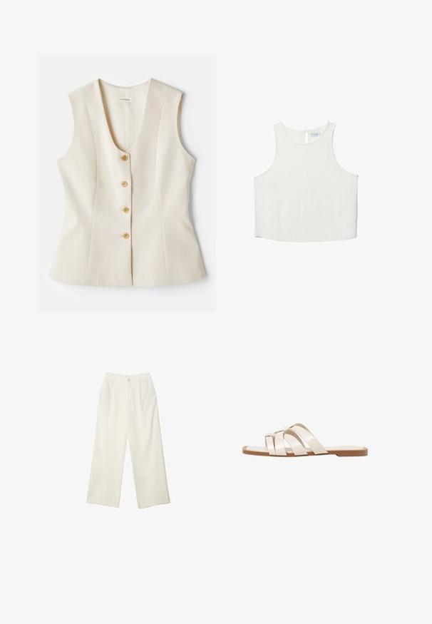 Haut beige sans manches en v avec cinq boutons sur le devant, coupe ajustée et texture lisse. Tissu léger. Pas de motifs.; Haut sans manches blanc avec un col rond, présentant une texture subtile, un détail en forme de trou de serrure au dos et un ourlet droit.; Pantalons à jambes larges en tissu crème avec une texture lisse, dotés d'un seul bouton à l'avant, de plis subtils et d'un design taille haute.; Sandales plates avec une semelle en caoutchouc beige, conçues avec trois brides en cuir blanc se chevauchant et un petit nœud au centre.
