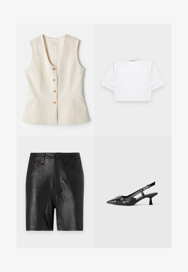 Hihaton, v-kaula-aukoilla varustettu beige toppi, jossa on viisi nappia edessä, muotoon ommeltu malli ja sileä pinta. Kevyt kangas. Ei kuoseja.; Lyhythihainen valkoinen t-paita pehmeää kangasta, jossa on pyöreä pääntie ja ribbireunat. Yksinkertainen ja ilman koristeita oleva malli.; Mustat nahkahousut, joissa on sileä pinta, etuvetoketju, nappikiinnitys ja klassinen viiden taskun muotoilu.; Mustat nahkakengät, joissa on avonainen takaosa ja kärjessä terävä muoto, koristevyöt, joissa on metalliset reiät, sekä matala lohkoepohja. Teksturoitu pinta.