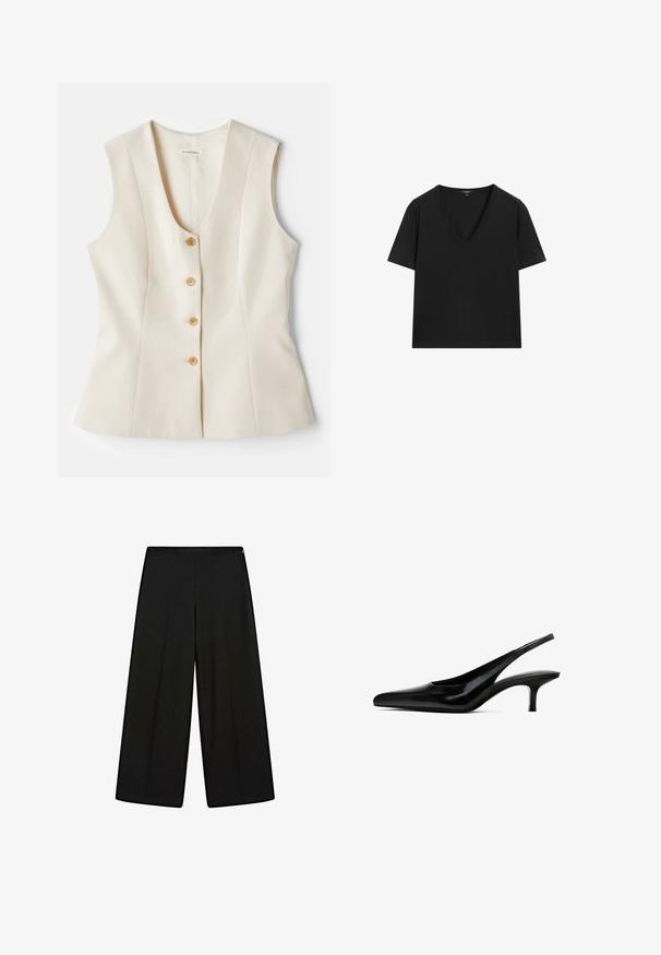 Ærmeløs, v-hals beige top med fem knapper langs fronten, skræddersyet pasform og glat tekstur. Letvægtsstof. Ingen mønstre.; Sort kortærmet V-hals T-shirt med et simpelt, tætsiddende design på en hvid baggrund.; Sorte vide bukser lavet af blødt stof, med høj talje og plisseringer, der har en glat tekstur og ingen synlige dekorationer.; Sorte spidse slingback sko med en blank læderfinish og en tynd, lav hæl. Har et udskæringsdesign på siden for åndbarhed.