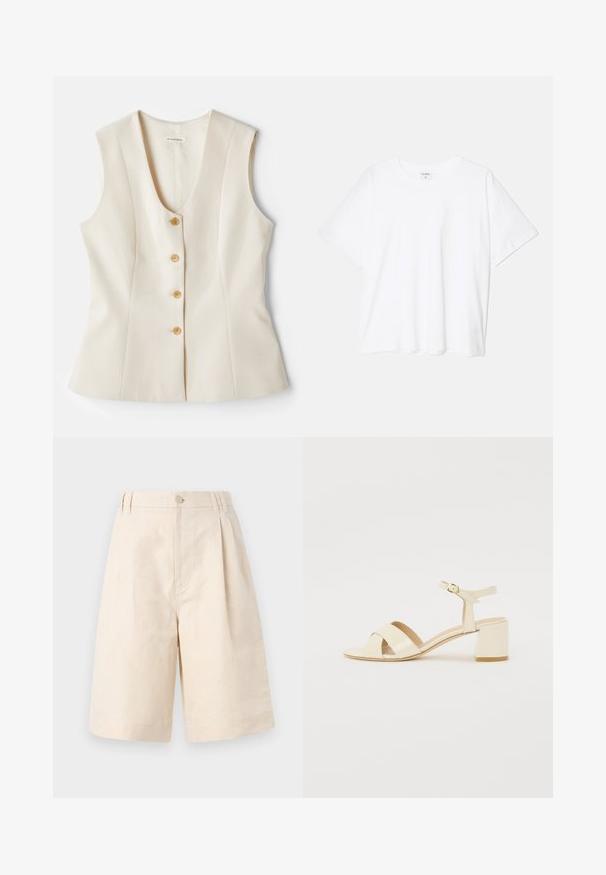 Hihaton, v-kaula-aukoilla varustettu beige toppi, jossa on viisi nappia edessä, muotoon ommeltu malli ja sileä pinta. Kevyt kangas. Ei kuoseja.; Valkoinen puuvillapaita lyhyillä hihoilla, pyöreällä pääntiellä, rentoa tyyliä ja ommeltu helma. Tunniste näkyvissä sisäkauluksessa.; Beige lakanashortsit rentossa istuvuudessa, joissa on nappikiinnitys, laskostettu muotoilu ja polvipituus. Suora tekstuuri ja yksinkertainen tyyli.; Beige patento nahkapohjalliset korkokengät ristiin menevällä hihnalla, avonaisella varpaalla, säädettävällä nilkkahihnalla ja lohkarekorolla. Sujuva pinta.