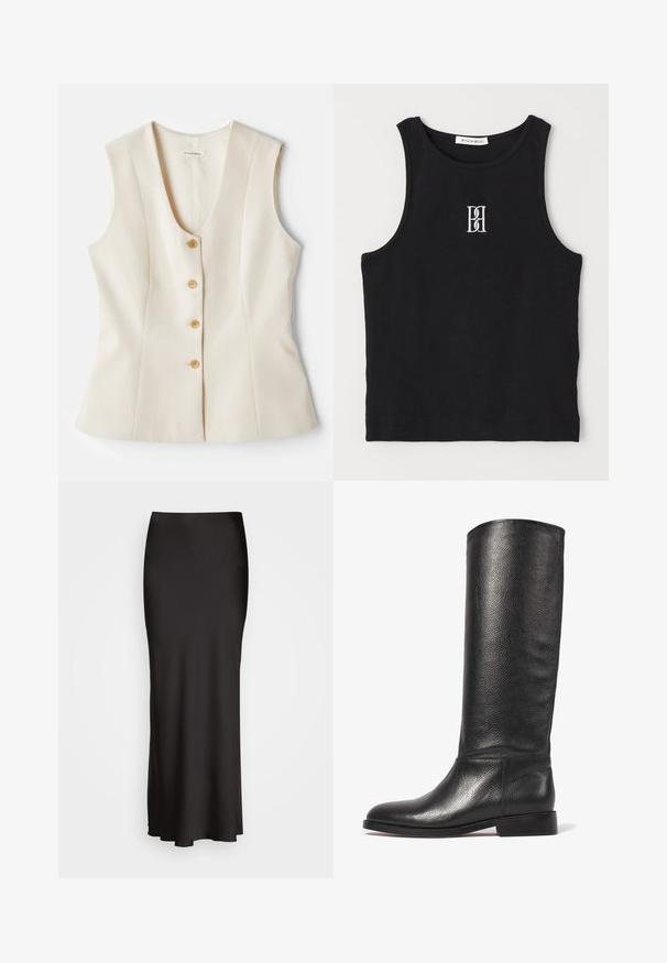 Beżowy top bez rękawów z dekoltem w serek, z pięcioma guzikami z przodu, dopasowany krój i gładka struktura. Lekki materiał. Bez wzorów.; Czarny ribbed top na ramiączkach z okrągłym dekoltem i haftowanym logo w białym kolorze. Materiał ma gładką teksturę i dopasowany krój.; Czarna, sięgająca podłogi satynowa spódnica o gładkiej fakturze, dopasowana w talii i w kształcie litery A, bez widocznych zdobień lub wzorów.; Czarny skórzany kozak do kolan z teksturowanym wykończeniem, okrągłym noskiem, gładkim cholewką i niskim, klockowym obcasem. Minimalistyczny design, bez widocznych elementów metalowych.