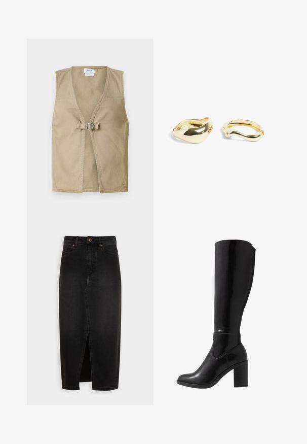 Beige mouwloze vest gemaakt van duurzaam materiaal, met een diepe V-hals, sluiting met een gesp aan de voorkant en een schone, minimalistische uitstraling.; Crème-kleurige off-shoulder trui met geribde zoom en lange, brede mouwen. Zachte textuur, relaxte pasvorm. Eenvoudig, minimalistisch design.; Zwarte spijkerrok, knie-lang, met een voorkeursplit, standaard tailleband en koperen knoopdetails. Soepele textuur, klassiek ontwerp.; Knee-high zwarte glanzende haklaarzen met een ronde neus, een gladde textuur, zijuitsnijding en een chunky gestapelde hak.; NA-KD 2-PACK - Armband - gold-coloured