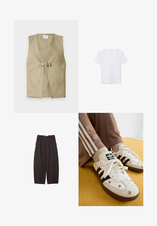 Bež prsluk bez rukava izrađen od izdržljive tkanine, s dubokim V izrezom, prednjim kopčanjem i čistim, minimalističkim dizajnom.; Bijela majica kratkih rukava izrađena od mekanog materijala. Ima okrugli izrez i jednostavan, čist dizajn s ravnim rubom.; Crne široke hlače napravljene od glatke tkanine, s visokim strukom, prednjim nabranjima i bočnim džepovima. Jednostavan dizajn bez ukrasa.; Bijele kožne tenisice s tri crne pruge i cvjetnim vezom u ljubičastoj i žutoj boji. Smeđi gumeni potplat. Uparene s bež rebrastim čarapama.