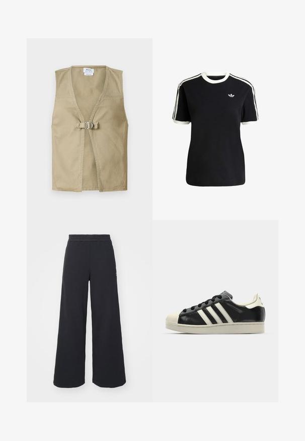 Béžový bezrukávový vest z odolného materiálu, s hlbokým výstrihom do V, predným zapínaním na sponu a čistým, minimalistickým dizajnom.; Čierne bavlnené tričko s bielymi akcentmi na golieri a rukávoch, s tromi bielymi pruhmi na každom pleci a malým logom na hrudi.; Čierne širšie tepláky vyrobené z mäkkej látky, s elastickým pásom a malým logom na ľavej strane.; Čierne kožené tenisky s bielymi pruhmi, gumenou špičkou, čiernymi šnúrkami a krémovobielou podrážkou. Hladký povrch s lesklým finišom.