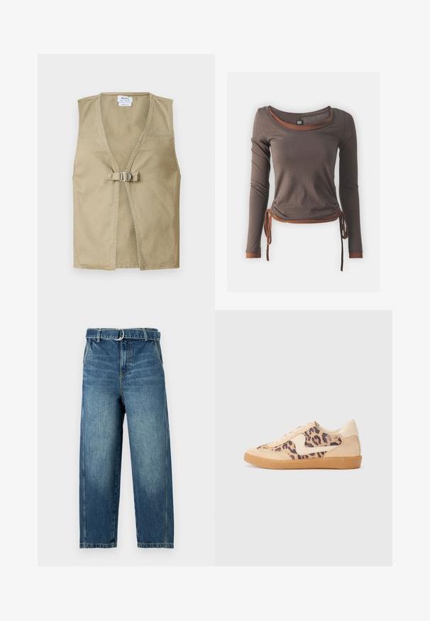Chaleco sin mangas beige hecho de un tejido duradero, con un escote en V profundo, cierre frontal con hebilla y un diseño limpio y minimalista.; Top marrón de manga larga con escote redondeado, que presenta un diseño fruncido atado en la cintura y acentos marrones contrastantes en los puños y el dobladillo.; Vaqueros de mezclilla azul con cintura alta, piernas anchas y un lazo de cinturón con un anillo de metal. Presentan un desvanecimiento y sutiles arrugas en la tela.; Zapatillas de leopardo con parte superior de ante beige, suela de goma marrón y acentos blancos. Punta redonda y diseño con cordones con un acabado texturado.