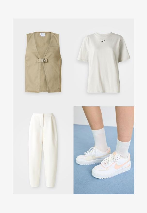 Beež ilma varrukat vest, mis on valmistatud vastupidavast kangast. Sellel on sügav V-kaelus, esine konksuga sulgemine ja puhas, minimaalne disain.; Valge puuvillane T-särk, millel on ümmargune dekoltee ja lühikesed varrukad. Rinnal on väike must Nike logo. Lihtne ja kaunistusteta disain.; Kõrge vöökoht ja kitsenevad valged püksid peidetud esiklõike ja küljetaskutega, esitlemine lihtsa valge tausta ees.; Valged tossud virsiku aktsentidega, siledast nahast ülemine osa, perforatsiooni mustri pool, tekstureeritud talla ja paeltega. Kantud valgete lühikeste sokkidega sinisel pinnal.