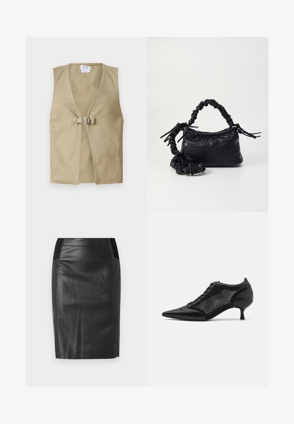 Gilet beige senza maniche realizzato in tessuto resistente, con scollatura a V profonda, chiusura anteriore con fibbia e design pulito e minimale.; Maglietta nera a maniche lunghe con scollo a barca, realizzata in tessuto morbido. Design semplice senza motivi o dettagli.; Gonna a tubino nera in pelle con un design aderente, texture liscia e dettagli con elastico sui lati. Orlo piatto nella parte inferiore.; Scarpa nera a punta con un design a pannello di rete, dotata di un tacco basso e lacci frontali. Realizzata in una combinazione di pelle e materiale a rete.; Borsa a tracolla in ecopelle nera con texture a coccodrillo, apertura cinchata e tracolla arricciata. Si presenta con un design morbido e compatto.