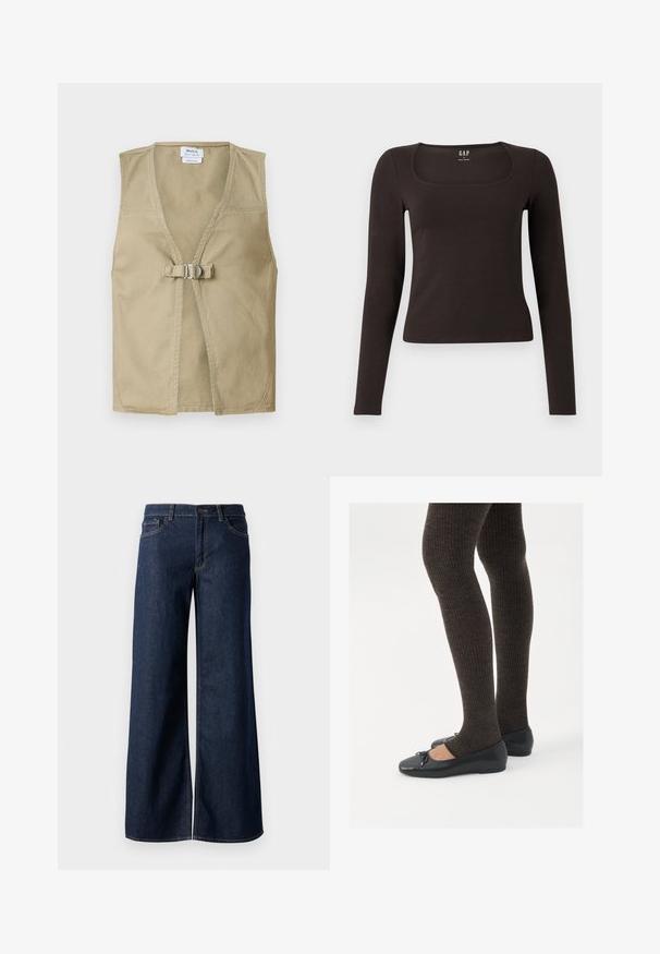 Bež prsluk bez rukava izrađen od izdržljive tkanine, s dubokim V izrezom, prednjim kopčanjem i čistim, minimalističkim dizajnom.; Crna majica dugih rukava, uskog kroja s kvadratnim izrezom, označena s GAP, prikazana na bijeloj pozadini.; Široke traperice u tamnoplavoj denim boji. Sadrže kontrastno šivanje, pet džepova i kopčanje na dugme u struku. Glatka tekstura.; Crne ravne cipele s malim mašnom na vrhu prstiju, uparene s tamnosmešnim rebrovanim čarapama. Cipele imaju glatku teksturu i nizak profil.