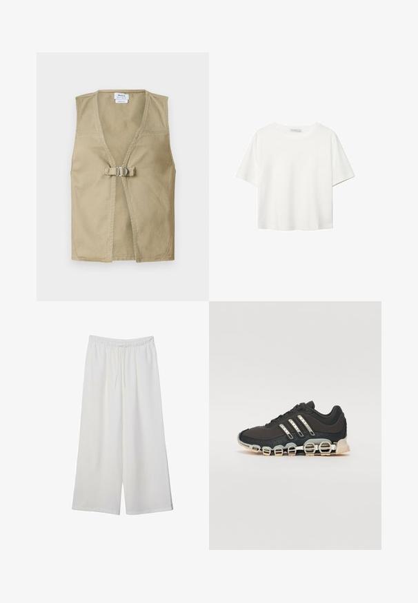 Gilet beige senza maniche realizzato in tessuto resistente, con scollatura a V profonda, chiusura anteriore con fibbia e design pulito e minimale.; T-shirt bianco a maniche corte realizzato in cotone. Presenta un collo tondo e una vestibilità rilassata. Texture liscia senza motivi o dettagli visibili.; Pantaloni bianchi a gamba larga realizzati in tessuto leggero, dotati di una vita elastica e di un cordino per una vestibilità regolabile. Texture liscia.; Scarpa da ginnastica nera con tomaia testurizzata, tre strisce argentate e una suola ammortizzata distintiva con più sezioni integrate.