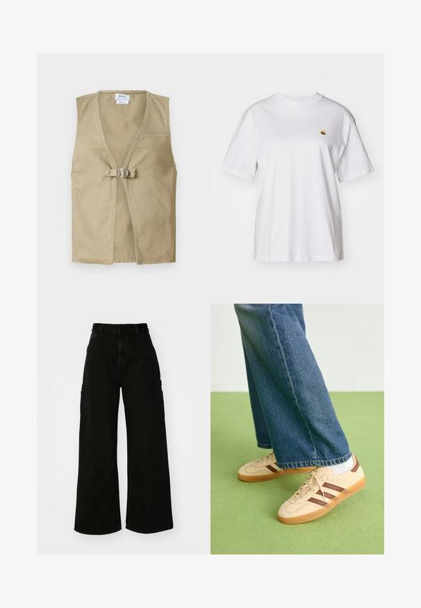 Tartós anyagból készült bézs ujjatlan mellény, mély V-kivágással, elülső csatolással és letisztult, minimalista dizájnnal.; Fehér pamut póló laza szabással, rövid ujjakkal és egy kis hímzett logóval a bal mellrészén.; Fekete, bő szárú cargo nadrág, denim anyagból, magas derékkal, elülső gombos záródással és oldalsó zsebekkel. Sima textúra minimális varrással.; Beige sportcipők textúrált krém színű panelek és barna csíkok részletezésével, kék farmernadrággal párosítva. A farmer széles szárú és rojtos szegéllyel rendelkezik.
