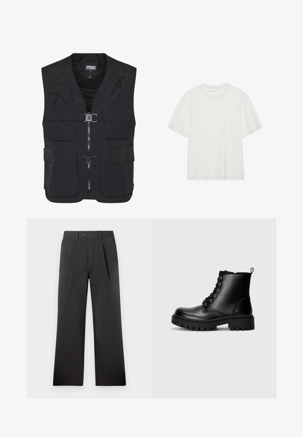 Čierna užitočná vesta vyrobená z ľahkej tkaniny, s viacerými prednými vreckami, zipsovým uzáverom a sieťovaným interiérom pre ventiláciu.; Biela bavlnená tričko s krátkymi rukávmi, okrúhlym výstrihom a kontrastným prešitím okolo výstrihu a rukávov.; Čierne plisované nohavice so strihom vpravo, vyrobené z hladkej látky. Majú gombíkový uzáver a pútka na opasok v páse.; Čierne kožené členkové topánky s okrúhlym špičkou, šnurovacími dizajnom a robustnou, hrubou podrážkou. Obsahujú pútko na päte a strieborné kovové doplnky.