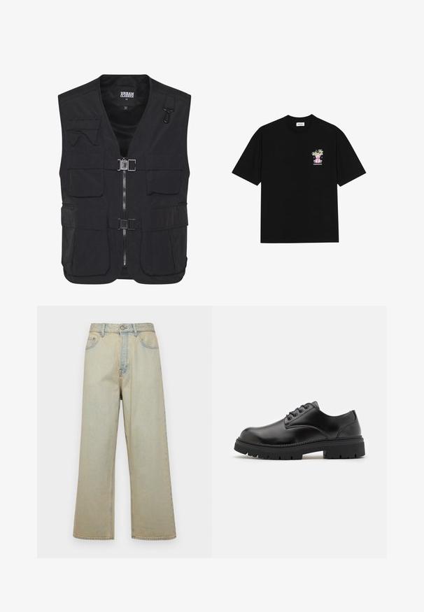 Crni funkcionalni prsluk od lagane tkanine, sa višestrukim prednjim džepovima, zatvaranjem na patentni zatvarač i mrežastom unutrašnjosti za ventilaciju.; Crna pamučna majica s kratkim rukavima i okruglim izrezom, s šarenim grafičkim prikazom na lijevoj strani prsnog dijela, koji prikazuje teddy medvjedića i stilizirani tekst.; Svijetloplave traperice širokog kroja s izblijedjelim završetkom. Imaju pet džepova i zatvaranje na gumbe sprijeda.; Crne kožne cipele s okruglim vrhom, dizajn s vezicama i debelim, teksturiranim gumenim potplatom. Imaju šavove uz rub i glatku završnu obradu.