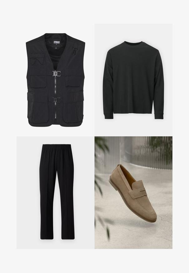 Juodas naudingasis liemenė pagaminta iš lengvos medžiagos, su keliais priekiniais kišeniais, užtrauktuku ir tinkleliu viduje, skirtu ventiliacijai.; Ilga melsva juoda marškinėliai, pagaminti iš medvilnės, su apvaliu iškirpimu, laisvu siluetu ir ripsuota apykakle. Lygus paviršius be matomų raštų.; Juodos, elastingos juosmens kelnės su tiesiomis kojomis, turinčios lygų paviršių ir be matomų raštų ar detalių.; Beige šifra od zomšo sueding modelis, turintis dekoratyvinę juostelę ir siuvinėjimo detales, ilsintis virš tekstūruoto paviršiaus.