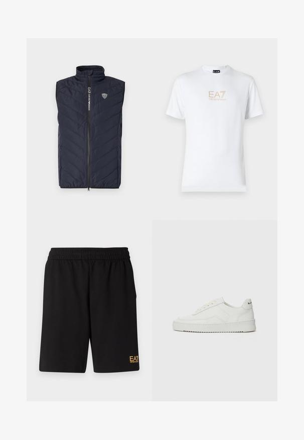 Marineblå uten ermer puffervest med vertikalt kviltet mønster, høy krage, lang glidelås og logo på brystet.; Hvit bomulls t-skjorte med rund hals og korte ermer, med en gullfarget EA7 Emporio Armani-logo trykket på fronten.; Sorte treningsshorts laget av mykt stoff, med elastisk midje og en liten gul EA7-logo nederst på venstre ben.; Hvite lærersneakers med en jevn overflate, rund tå, flate lisser og en teksturert såle. Har en subtil logo på hælen.