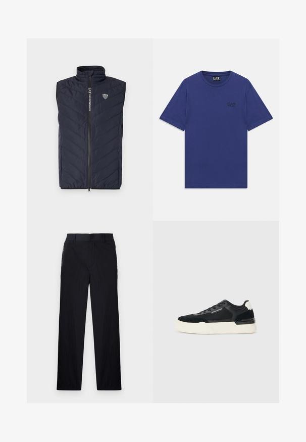 Colete acolchoado sem mangas azul-marinho com padrão de quilt vertical, gola alta, fecho de correr de comprimento total e logotipo no peito.; T-shirt azul liso de manga curta com decote redondo e pequeno logótipo preto EA7 Emporio Armani no lado esquerdo do peito.; Calças pretas com um tecido leve e texturizado, design de pernas retas, cintura elástica e bolsos laterais com fecho.; Sapata preta feita de malha e couro, apresentando uma sola branca grossa e detalhes contrastantes. Cadarços e detalhe do logótipo na lateral.