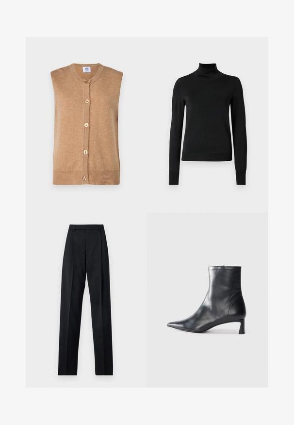 Vest tricotat, bej cămilă, fără mâneci, cu decolteu rotund, cinci nasturi aurii pe față și detalii cu dantelă la tiv.; Pulover negru cu mânecă lungă și guler tip colier, cu manșete și tiv cu elastic, expus pe un fundal alb simplu.; Pantaloni negri dintr-un material neted, cu talie înaltă, picioare largi, pliuri frontale și loop-uri clasice pentru curea. Fără buzunare laterale vizibile.; Cizmă de gleznă din piele neagră cu vârf ascuțit și un design elegant. Dispune de un toc mic și de o închidere cu fermoar la spate. Textură netedă.