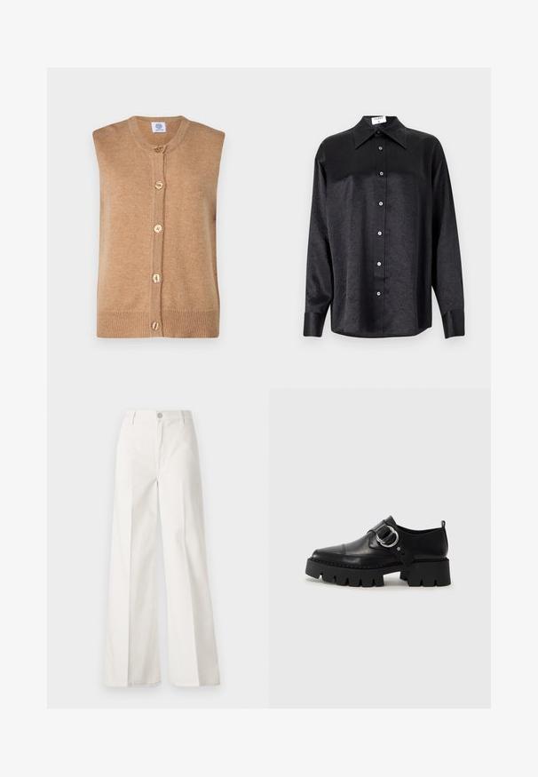 Sleeveless camel-colored knitted vest with a rounded neckline, five golden buttons down the front, and ribbed hem detailing.; Black long-sleeve shirt with a collared neckline, featuring a crinkled texture, full button front, and cuffs. Made from a smooth fabric.; White wide-leg trousers made from cotton with a smooth texture. Features a front button, zipper fly, and four-pocket design.; Black leather shoes with a chunky, ribbed sole, featuring a circular silver hardware accent and minimal stitching detail.