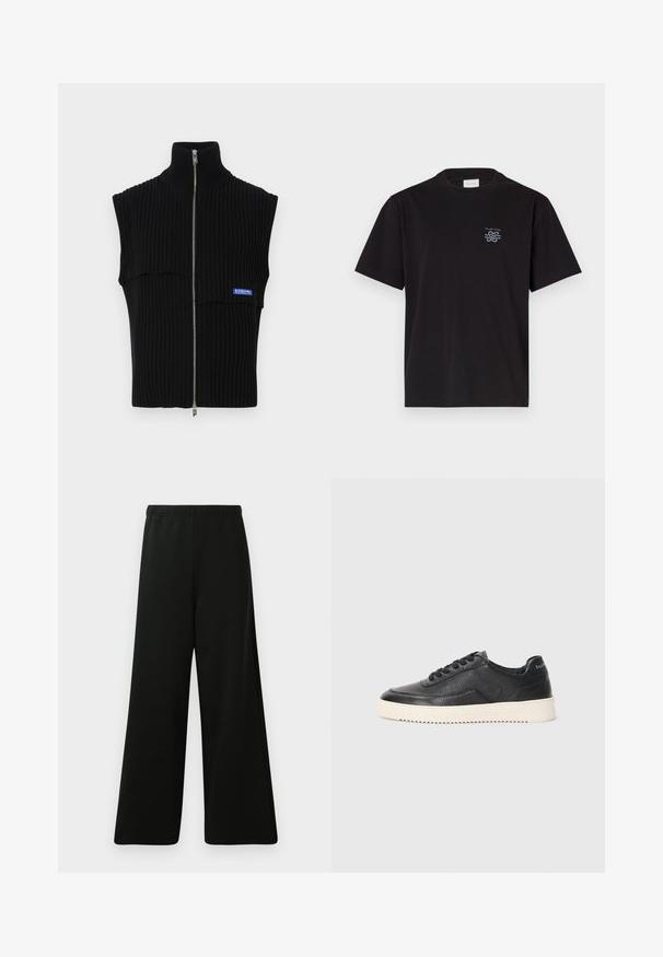 Crni rebrasti pleteni top bez rukava s visokim kragnom i srebrnim patentnim zatvaračem. Ima horizontalnu šav i plavi logo naglasak sprijeda.; Crna pamučna majica s okruglim izrezom i kratkim rukavima. Ima mali plavi logo na lijevoj strani prsnog koša. Jednostavan, ravno krojen dizajn.; Crne široke hlače od mekog materijala. Imaju elastičnu gumicu u struku, glatku teksturu i jednostavan, moderan dizajn bez uzoraka.; Crne kožne tenisice s teksturiranim završetkom, okruglim vrhom i ravnim bijelim gumenom potplatom. Karakteriziraju ih crne vezice i branding na peti.