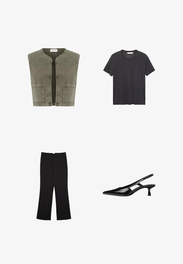 Cream Vesta - heavy washed green; Černé tričko s kulatým výstřihem vyrobené z jemné bavlny. Krátké rukávy, volný střih a rovný lem bez zdobení nebo vzorů.; Černé kalhoty s rovným střihem, s předními kapsami a bočními rozparky na lemu. Vyrobené z jemné, hladké tkaniny. Vhodné na různé příležitosti.; Černé lakované lodičky na podpatku se špičatou špičkou, výřezovým designem na boku a malým čtvercovým podpatkem. Hladká textura s minimálními akcenty.
