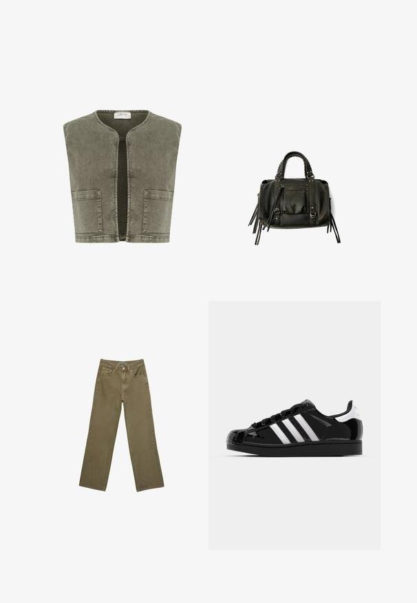 Cream Brezrokavnik - heavy washed green; Dva kratka rokava: en črn in en bel. Oba imata oprijet kroj s nabranimi stranskimi detajli in zaobljenimi robovi.; Olivno zelene široke hlače iz bombaža z močno teksturo. Imajo zadrgo, pet žepov in kontrastno šivanje v bližini pasu.; adidas Originals SUPERSTAR II - Športni copati - core black/footwear white/gold metallic; Črna usnjena torba s pletenimi ročaji, žepom na zadrgo in visečimi resicami. Teksturična površina z kovinskimi okrasnimi studenčki in dodatki iz kovine.