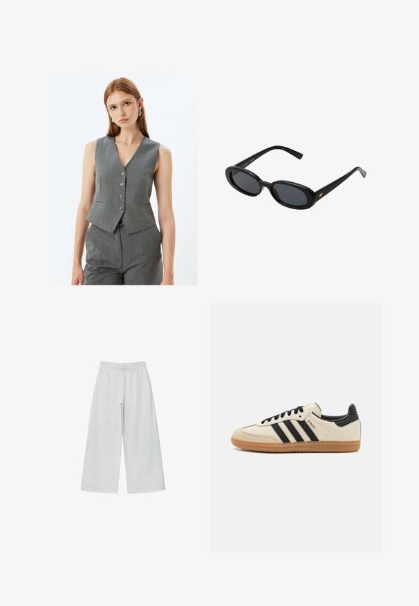 Graues ärmelloses Weste mit V-Ausschnitt, fünf Metallknöpfen und zwei Seitentaschen. Hergestellt aus strukturiertem Stoff mit taillierter Passform.; Hellgrauer, kurzer Cardigan mit langen Ärmeln, rundem Halsausschnitt und fünf vorderen Knöpfen auf einem weißen Hintergrund.; Weißes Baumwoll-Top mit gerippter Textur, ärmellosem Design und rundem Ausschnitt. Mit einem Etikett am Hals mit der Aufschrift "WEEKDAY."; Helle graue weit geschnittene Hose aus weichem Stoff mit elastischem Bund. Das Design bietet eine lockere Passform für Komfort und Bewegungsfreiheit.; Beige Sport Schuh mit schwarzen Streifen, Gummisohle und schwarzen Akzenten. Verfügt über ein Obermaterial aus glattem Leder und ein rundes Zehendesign.; Schwarze, oversized Sonnenbrillen mit ovalen Gläsern, glattem Kunststoffrahmen und goldenen Akzenten an den Bügeln. Die dunklen Gläser bieten Sonnenschutz.; Grau gestrickter Wollschal mit weicher Textur, rechteckiger Form und fransigen Enden, geeignet für Wärme und zum Schichten an kalten Tagen.; Braune Wildlederhandtasche mit einem umklappbaren Deckel, goldenen Hardware-Akzenten und einem abnehmbaren Ledertragegurt. Verfügt über seitliche Falten als Gestaltungselement.