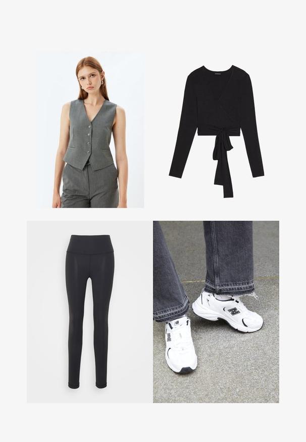 Graues ärmelloses Weste mit V-Ausschnitt, fünf Metallknöpfen und zwei Seitentaschen. Hergestellt aus strukturiertem Stoff mit taillierter Passform.; Even&Odd Langarmshirt - black; Schwarze Leggings aus dehnbarem Stoff, mit hohem Bund, enger Passform und nahtloser Konstruktion, geeignet für Sportbekleidung.; Weiße New Balance Sneakers mit einem Obermaterial aus Mesh und Synthetik und schwarzen Akzenten. Getragen mit grauen Jeans mit ausgefransten Säumen auf einer strukturierten Oberfläche.