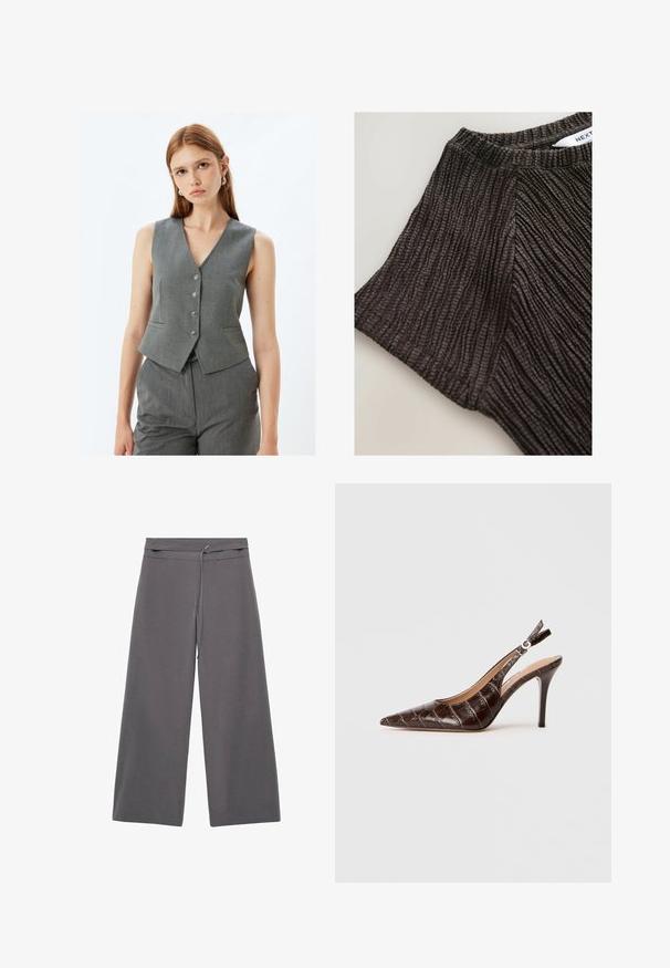 Gilet grigio senza maniche con scollatura a V, cinque bottoni metallici e due tasche laterali. Realizzato in tessuto testurizzato con una vestibilità su misura.; Top nero in tessuto con texture, caratterizzato da un design a righe e maniche corte. Materiale morbido con righe verticali pronunciate.; Pantaloni a gamba larga in tessuto grigio scuro con una texture liscia, dotati di vita con cintura e un design minimalista.; Slingback pump in pelle marrone con effetto coccodrillo, punta appuntita, lati aperti e tacco alto sottile. Progettato con regolazione a fibbia.