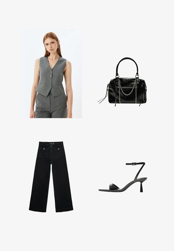 Harma sleeveless vestillä, jossa on V-mallinen kaula-aukko, viisi metallista nappia ja kaksi sivutaskua. Valmistettu teksturoidusta kankaasta, joissa on istuva leikkaus.; Mustat pitkät hihat lyhyt toppi, jossa on pyöreä kaula-aukko, yksinkertainen muotoilu ja hieman kaareva helma.; Mustat leveälahkeiset farkut korkean vyötärön kanssa, joissa on kaksi etutaskua ja metalliset nappikoristeet. Kangas on sileä.; Bershka Korolliset sandaalit - black; Bershka WITH CHAIN - Käsilaukku - black