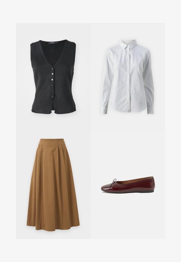 Svart ermeløs cardigan laget av strikket materiale, med V-hals, seks frontknapper og splitt i kanten nederst.; Hvit skjorte med knapper laget av glatt bomull, med klassisk krage, lange ermer og buet skjær. Knapper er små og hvite.; Brun bomull A-linje skjørt med høy midje, med folder foran og en jevn tekstur. Kantene er rene og enkle.; Burgunderrød lakk lær ballettleilighet med rund tå, liten sløyfe foran og en lav, svart gummisåle. Glatt tekstur.