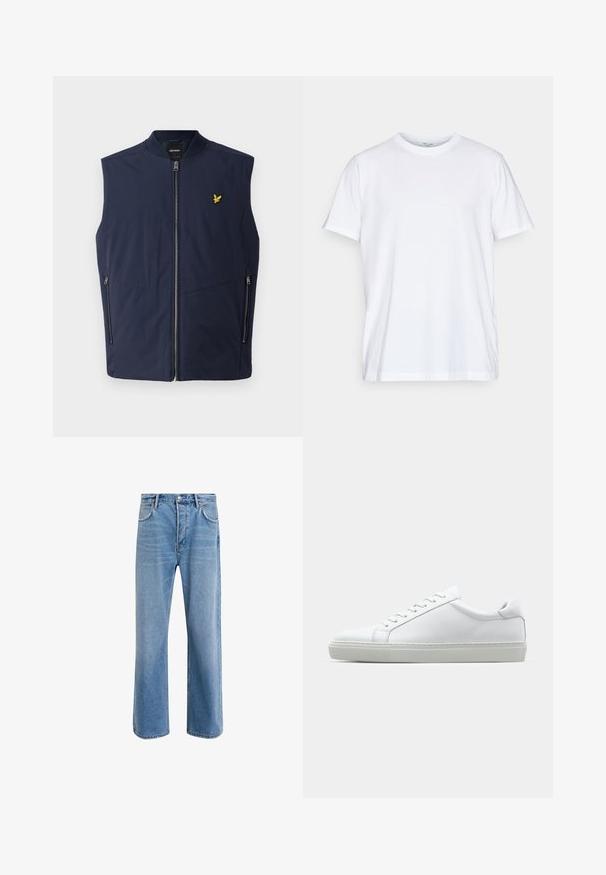 Jūras spēku bez piedurknēm veste ar gludu tekstūru, ar priekšējo rāvējslēdzēju un mazu dzeltenu izšūtu logotipu uz krūšu daļas. Divas sānu kabatas.; Balta kokvilnas T-krekls ar īsām piedurknēm, apaļu kakla izgriezumu un brīvu piegriezumu. Iezīmē minimālisma dizainu, bez rakstiem vai akcentiem.; Gai zilas džinsu bikses ar taisnām kājām, piecām kabatām, pogu aizvēršanu, minimālu izbalēšanu un kontrastējošiem šuvju elementiem.; Baltie sporta apavi ar gludu ādas virsu un zemu profilu. Iezīmējas ar noapaļotu purngalu, sešām acīm un teksturētu gumijas zoli.