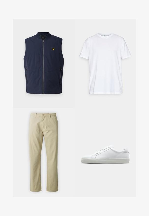 Marinblå ærmeløs vest med en glat tekstur, der har en frontlynlås og et lille gult broderet logo på brystet. To sidelommer.; Hvid bomulds t-shirt med korte ærmer, rund crew halsudskæring og afslappet pasform. Har et minimalistisk design uden mønstre eller accenter.; Beige bomuldsbukser med lige ben-design, frontlukning med knap og bæltestropper. Glat tekstur, ingen synlige mønstre eller accenter.; Hvide sneakers med en glat læderoverdel og lav profil. Har en rund tå, seks snørehuller og en tekstureret gummisål.