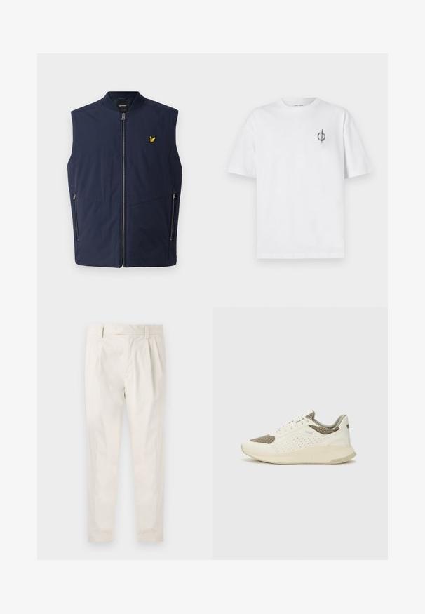 Mornarica bez rukava s glatkom teksturom, s prednjim zatvaračem i malim žutim izvezenim logom na prsima. Dva bočna džepa.; Bijela pamučna majica s opuštenim krojem, s malim crnim grafičkim logotipom na lijevoj prečki. Kratki rukavi, okrugli izrez.; Bijele, naborane hlače s krojem po mjeri, koje imaju glatku teksturu, petlje za pojas i sužene nogavice. Nema vidljivih džepova ili uzoraka.; Bijele i svijetlosmeđe sportske tenisice, sa mrežastim gornjim dijelom, perforiranim detaljima i teksturiranim međutrakom sa brendom na peti.