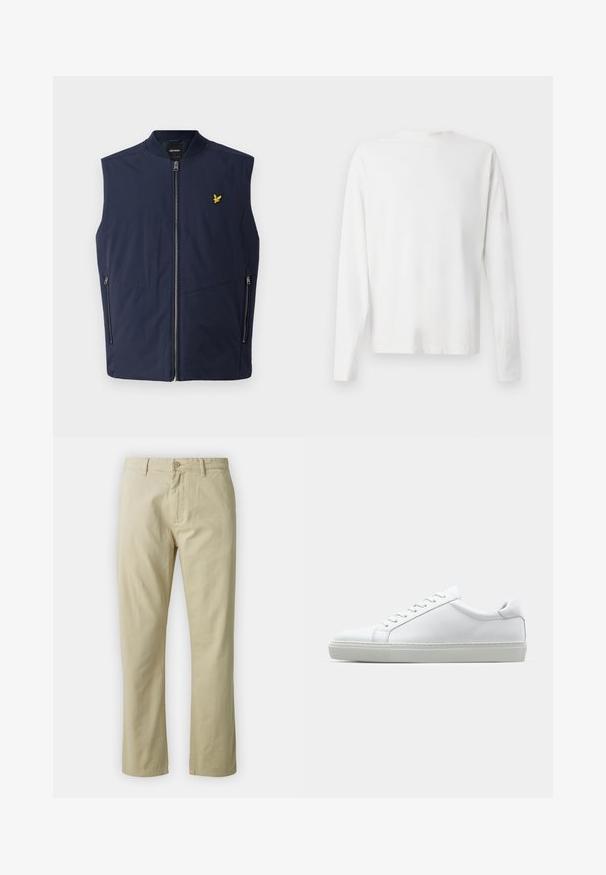 Navy sleeveless vest with a smooth texture, featuring a front zipper and a small yellow embroidered logo on the chest. Two side pockets.; Long-sleeved white cotton shirt with a round neckline, side slits at the bottom, and a smooth texture, displayed from the back.; Beige cotton trousers with a straight-leg design, front button closure, and belt loops. Smooth texture, no visible patterns or accents.; White sneaker with a smooth leather upper and a low profile. Features a rounded toe, six eyelets, and a textured rubber sole.