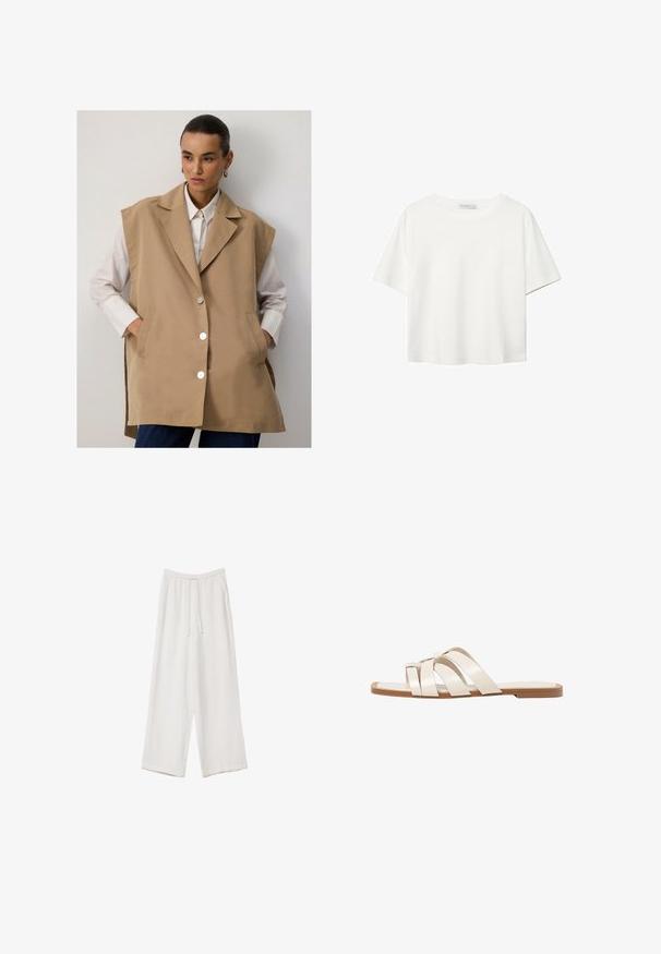 Beige ærmeløs vest med en skræddersyet design, store klapper, sølvknapper og sidelommer, lagdelt over en hvid skjorte.; Hvid kortærmet t-shirt lavet af bomuld. Har en rund halsudskæring og en afslappet pasform. Glat tekstur uden synlige mønstre eller detaljer.; Hvide bukser med bred benlængde lavet af et letvægtsstof. Har et elastisk talje med snor og sidelommer. Glat tekstur.; Flade sandaler med en lys gummisål, designet med tre overlappende hvide læderremme og en lille sløjfe detalje i midten.