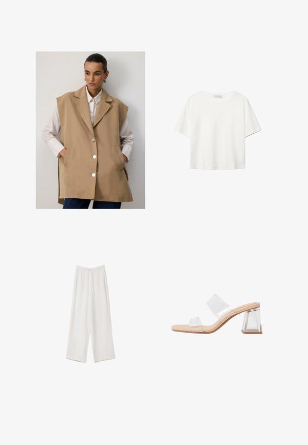 Beige ilmanhihaista liiviä, jossa on räätälöity muotoilu, suuret kaulukset, hopeiset napit ja sivutaskut, kerroksittain valkoisen paidan päällä.; Valkoinen lyhythihainen T-paita, joka on tehty puuvillasta. Siinä on pyöreä kaula-aukko ja rento malli. Silkkinen pinta ilman näkyviä kuvioita tai koristeita.; Valkoiset leveälahkeiset housut kevyestä kankaasta. Ominaisuuksiin kuuluu elastinen vyötärö, jossa on nauhakuuluma ja sivutaskut. Sileä rakenne.; Läpinäkyvät korkokenkä sandaalit, joissa on kaksi kirkasta remmiä, beige pohja ja geometrija kirkas lohkokorko. Minimalistinen muotoilu sileällä pintarakenteella.