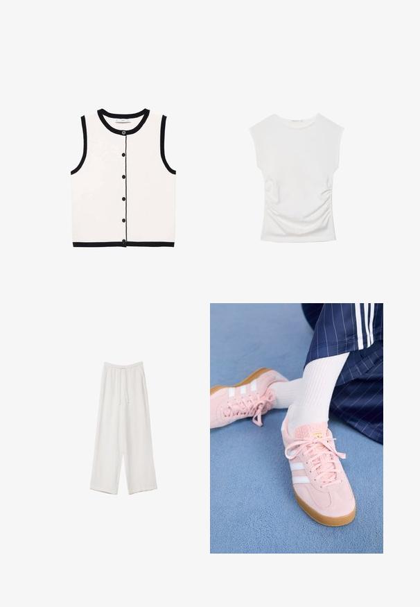 Majica brez rokavov s gumbi v beli barvi z črnimi detajli. Ima okroglo izrez in šest črnih gumbov spredaj. Gladka tekstura.; Bela top brez rokavov z okroglim izrezom in subtilnim nabiranjem ob straneh, položena na ravno podlago na belem ozadju.; Bele široke hlače iz lahkega materiala. Imajo elastičen pas s vrvico in stranske žepe. Gladka tekstura.; Svetlo roza antilopni športni copati z belimi črtami in vezalkami, z teksturirano jezičko in gumo podplatom, postavljeni na modrem tepihu.