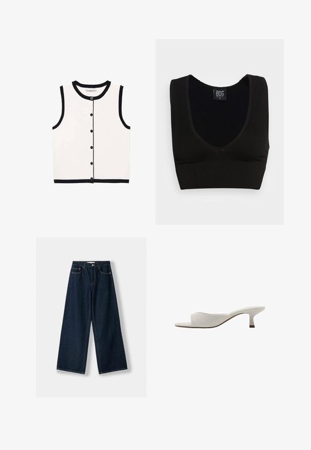 Top fără mâneci, cu nasturi, de culoare albă, cu margine neagră. Prezintă un decolteu rotund și șase nasturi negri pe partea din față. Textură netedă.; Top scurt negru cu nervuri, cu bretele late și decolteu adânc în formă de V. Eticheta indică "BDG", mărimea mică, având o textură netedă și un design ajustat.; Jeansi largi, de culoare albastru închis, realizați din denim. Au cinci buzunare, închidere cu nasture și fermoar, și detalii de cusătură în contrast.; Mule albe cu vârful deschis, cu un design curbat, toc mic, textură netedă și un model subtil cusut. Accente maro pe baza tocului.