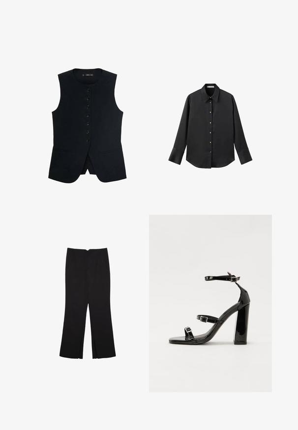 Gilet nero senza maniche con scollatura rotonda, caratterizzato da una chiusura frontale a bottoni e due tasche laterali. Tessuto liscio con vestibilità sartoriale.; Maglietta nera a maniche lunghe in tessuto morbido, con colletto classico, chiusura frontale con bottoni dorati e polsini ampi.; Pantaloni neri a gamba dritta, con tasche frontali e spacchi laterali all'orlo. Realizzati in tessuto morbido e liscio. Adatti a diverse occasioni.; Sandali con tacco in vernice nera, con punta squadrata, cinturini alla caviglia e fibbie in argento. Presentano un tacco a blocco spesso per maggiore stabilità.